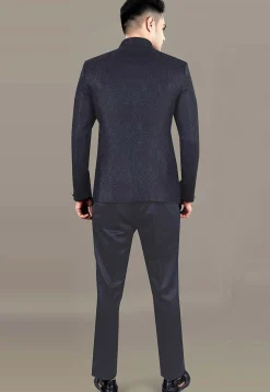 Foil Printed Art Silk Jacquard Jodhpuri Suit in Navy Blue