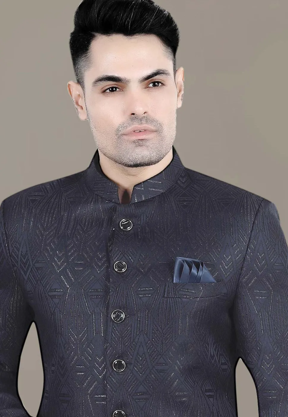 Foil Printed Art Silk Jacquard Jodhpuri Suit in Navy Blue