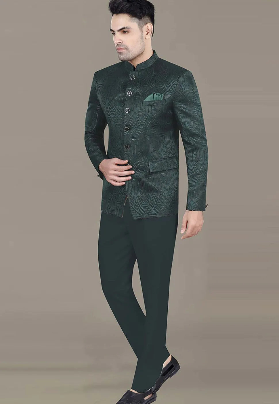 Foil Printed Art Silk Jacquard Jodhpuri Suit in Dark Green