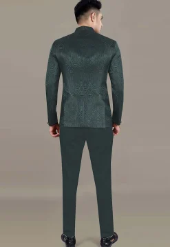 Foil Printed Art Silk Jacquard Jodhpuri Suit in Dark Green