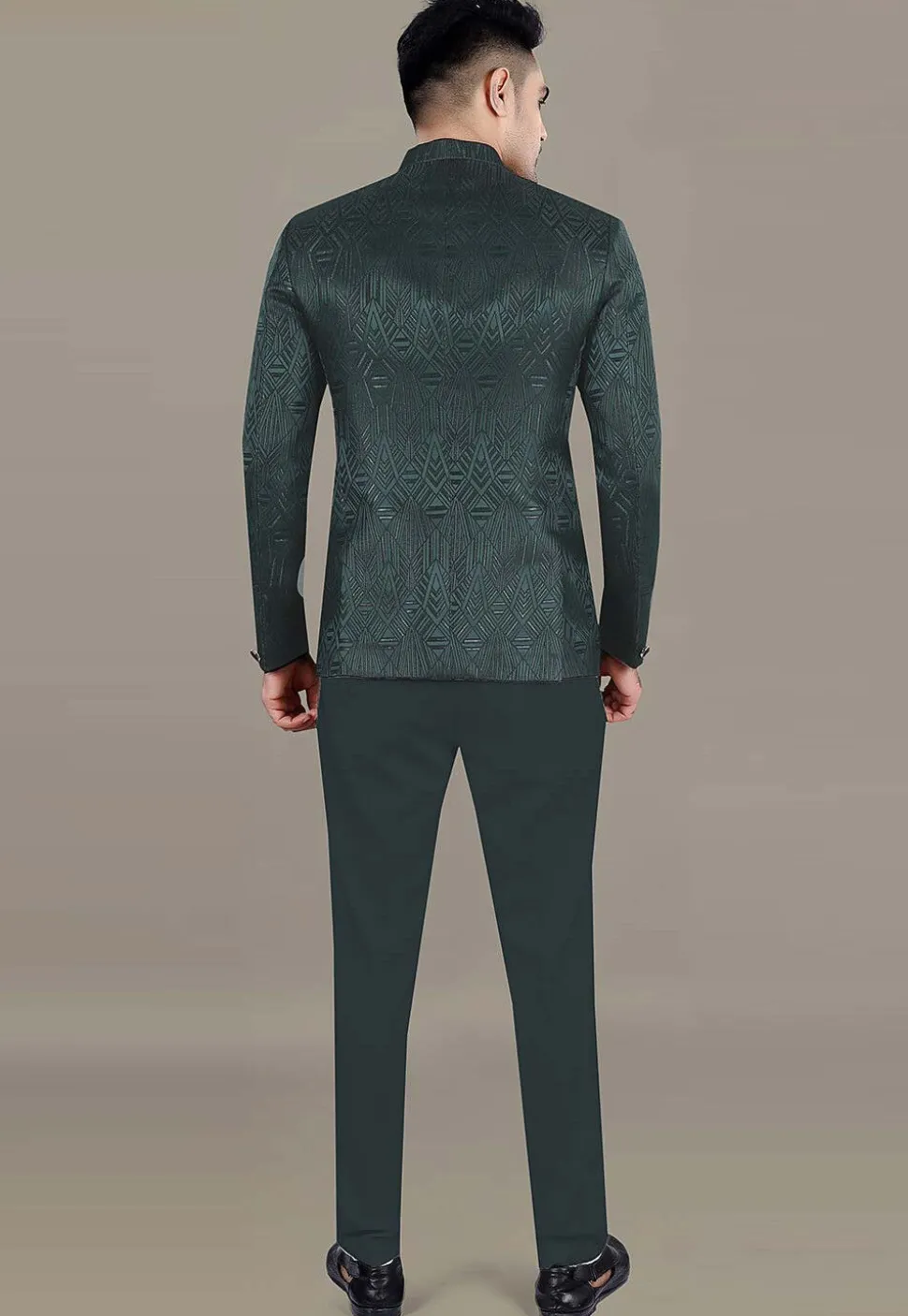 Foil Printed Art Silk Jacquard Jodhpuri Suit in Dark Green