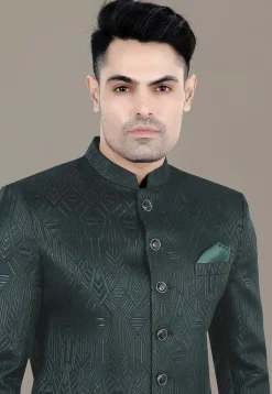 Foil Printed Art Silk Jacquard Jodhpuri Suit in Dark Green