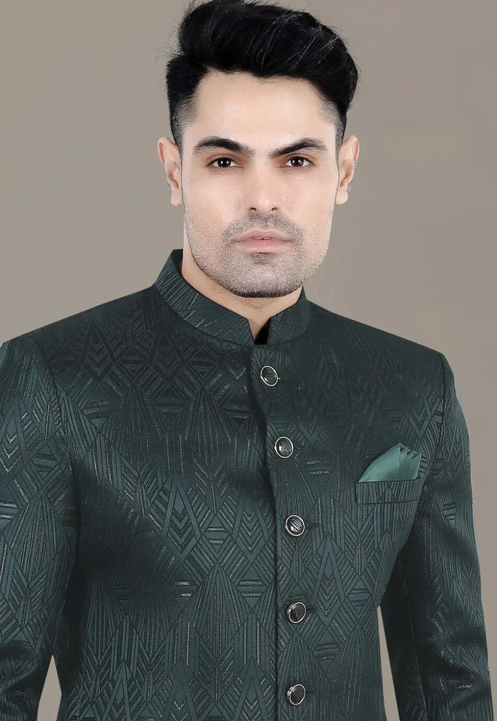 Foil Printed Art Silk Jacquard Jodhpuri Suit in Dark Green