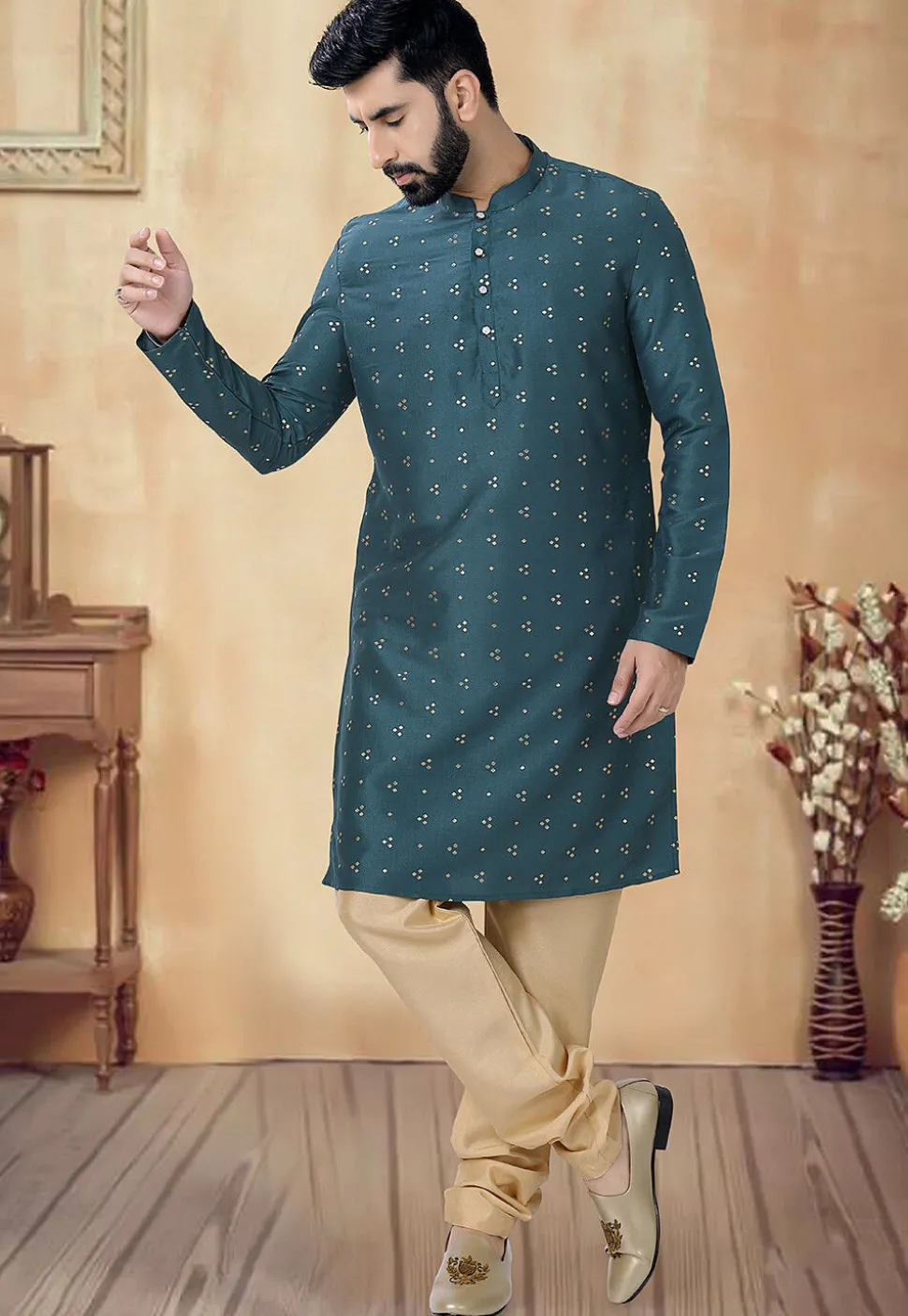Foil Printed Art Silk Kurta Set in Teal Blue