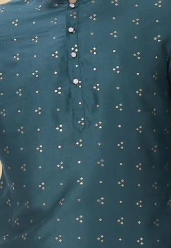 Foil Printed Art Silk Kurta Set in Teal Blue
