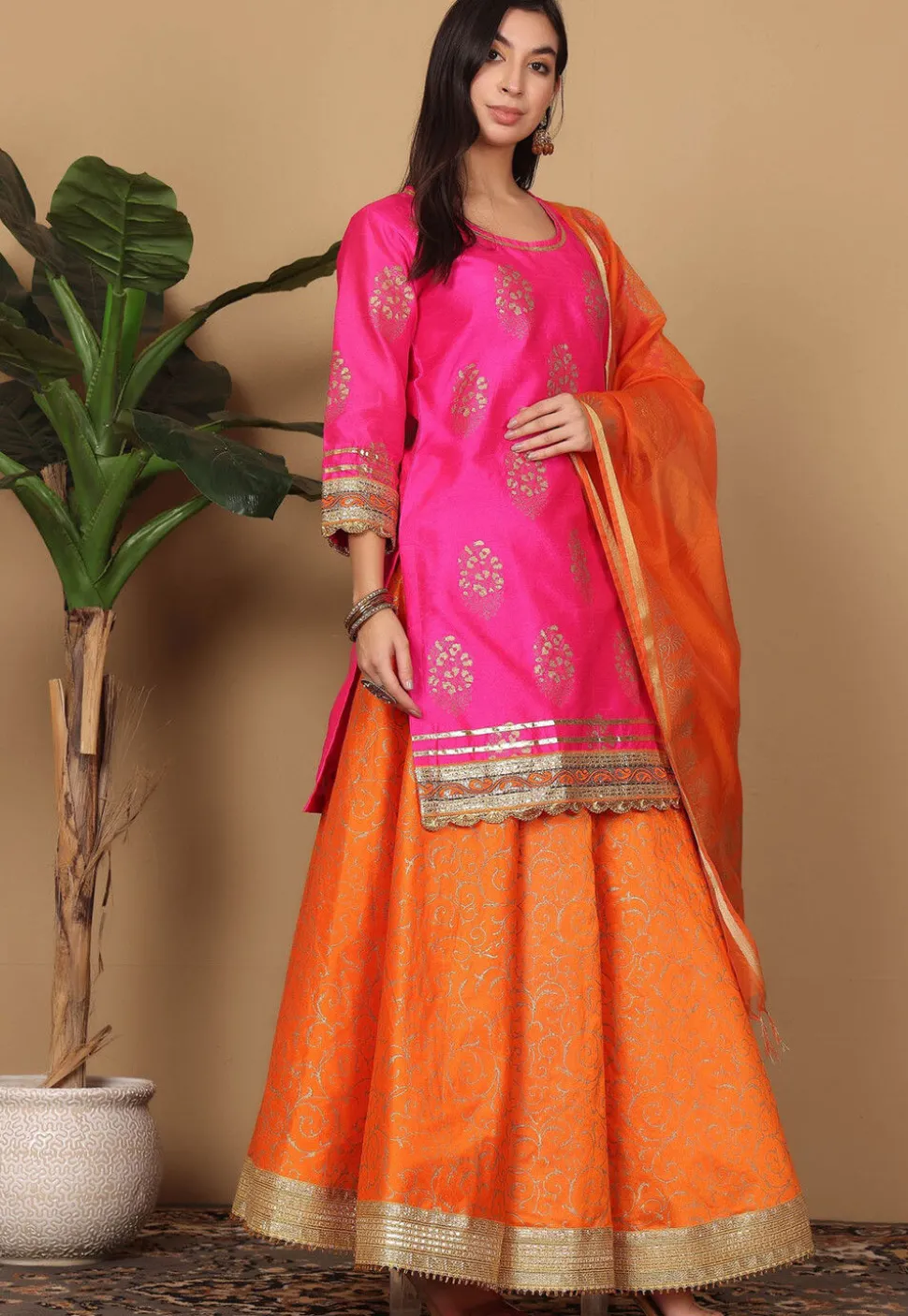 Foil Printed Art Silk Lehenga in Orange