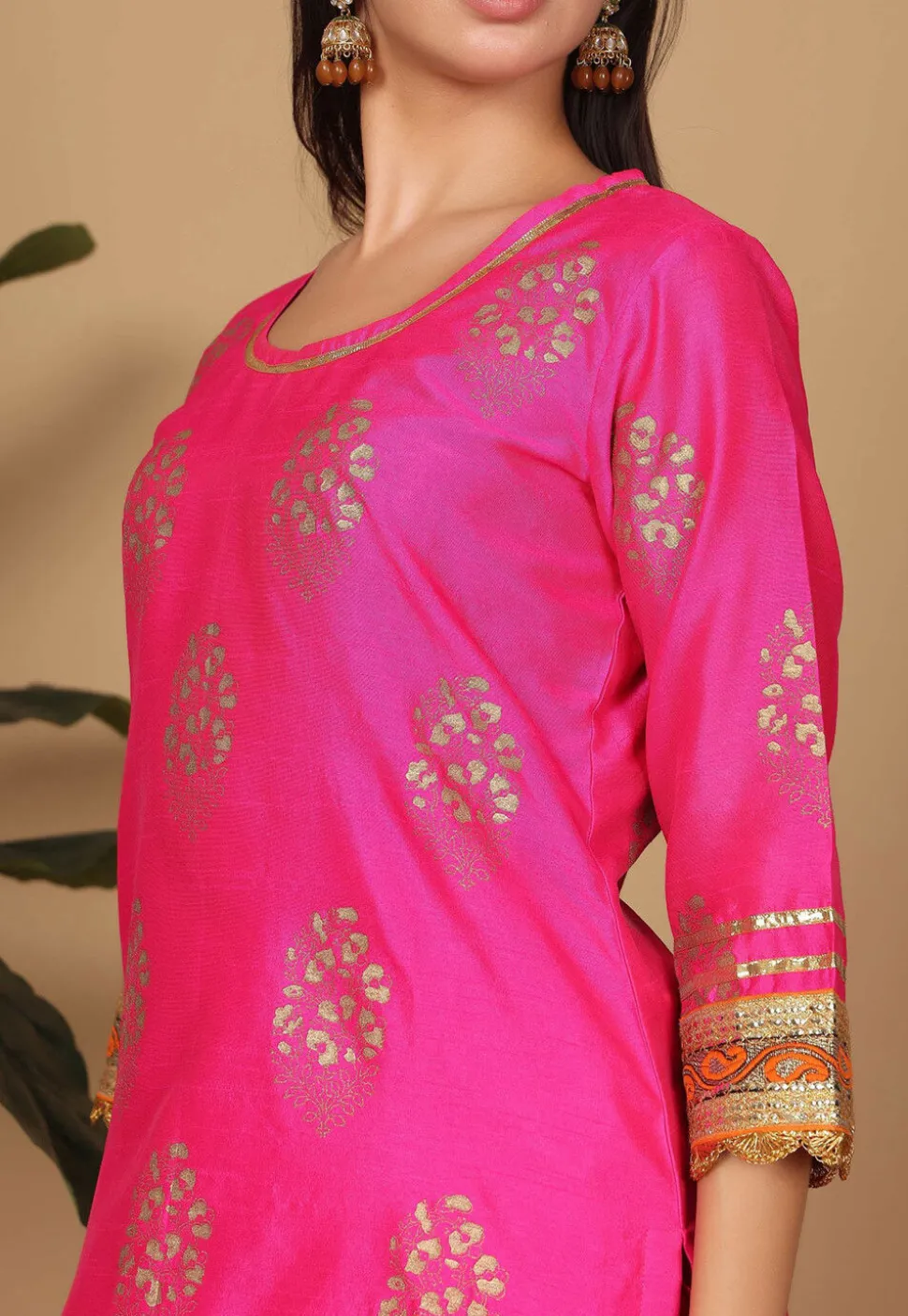 Foil Printed Art Silk Lehenga in Orange