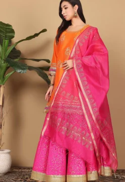 Foil Printed Art Silk Lehenga in Pink