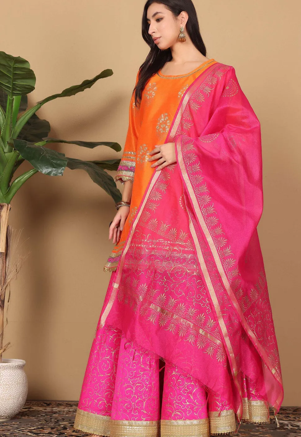 Foil Printed Art Silk Lehenga in Pink