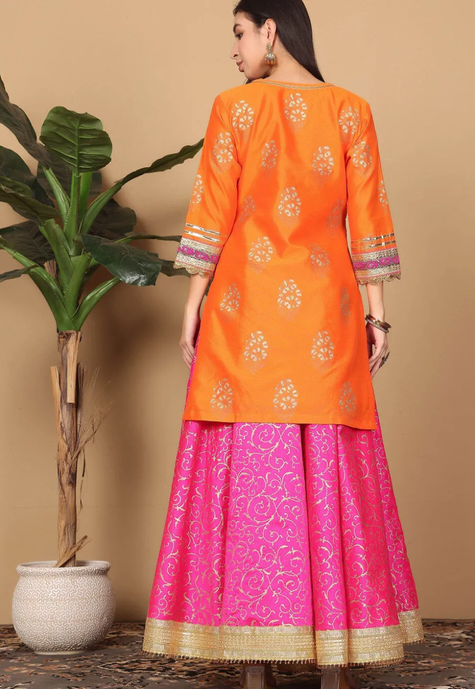 Foil Printed Art Silk Lehenga in Pink