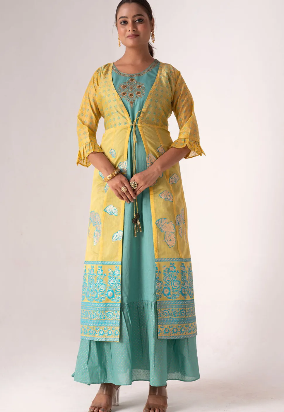 Foil Printed Art Silk Maxi Dress in Sea Green