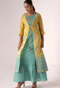 Foil Printed Art Silk Maxi Dress in Sea Green