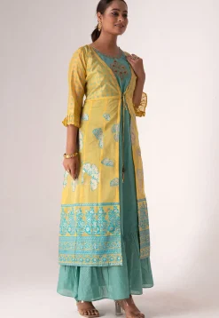 Foil Printed Art Silk Maxi Dress in Sea Green