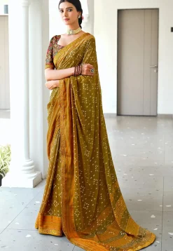 Foil Printed Art Silk Saree in Olive Green