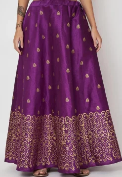 Foil Printed Art Silk Skirt in Violet