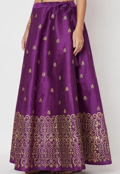 Foil Printed Art Silk Skirt in Violet