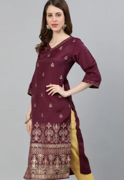 Foil Printed Art Silk Straight Kurta in Wine