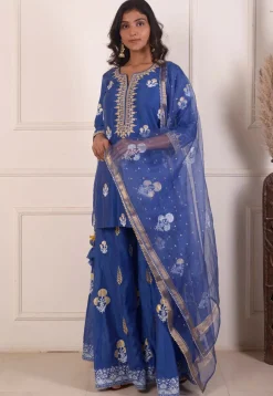 Foil Printed Chanderi Silk Pakistani Suit in Navy Blue