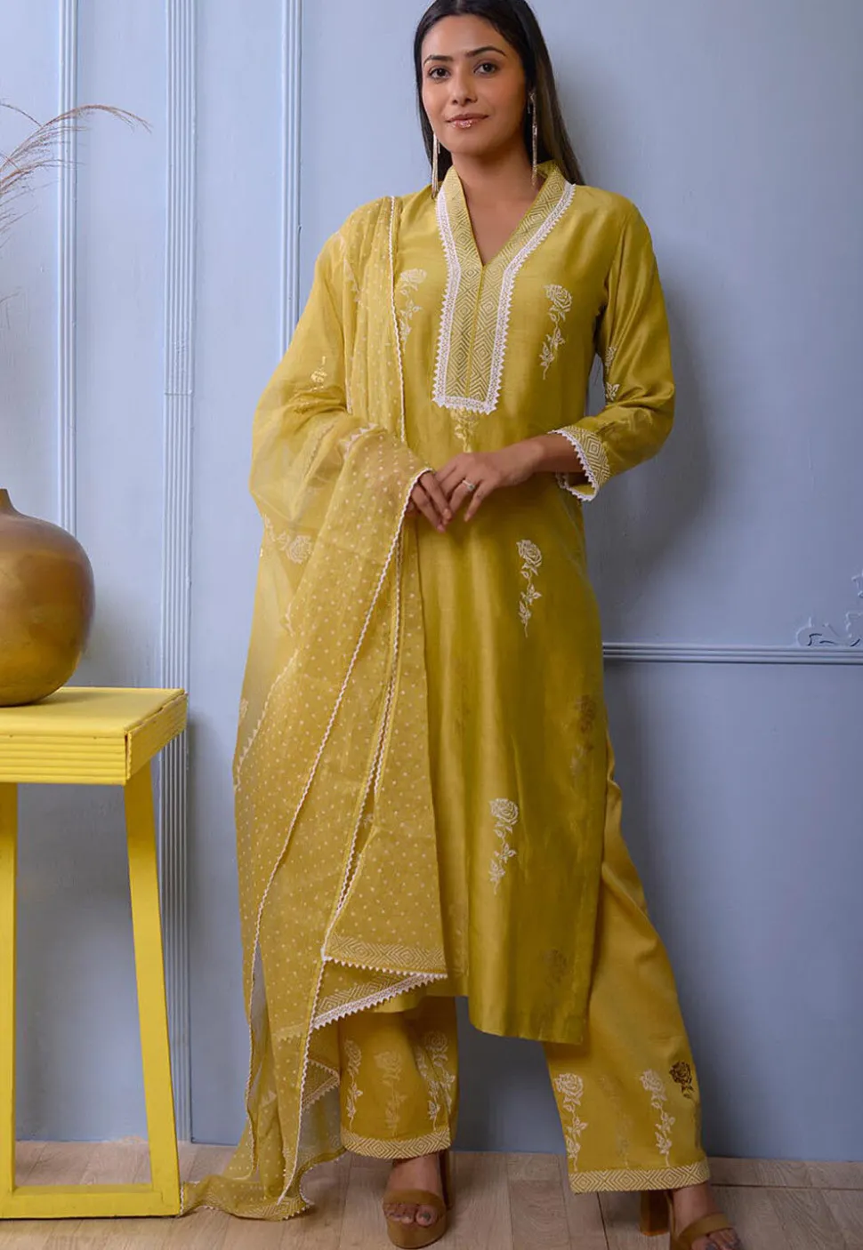 Foil Printed Chanderi Silk Pakistani Suit in Light Green