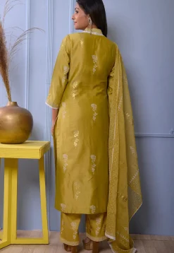 Foil Printed Chanderi Silk Pakistani Suit in Light Green