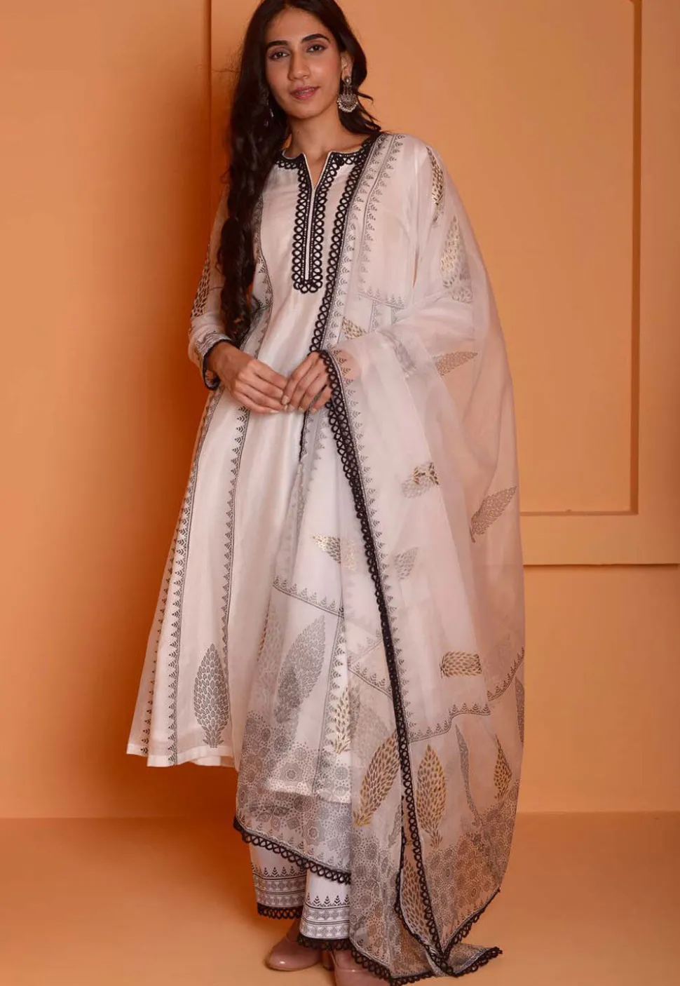Foil Printed Chanderi Silk Aline Suit in Off White