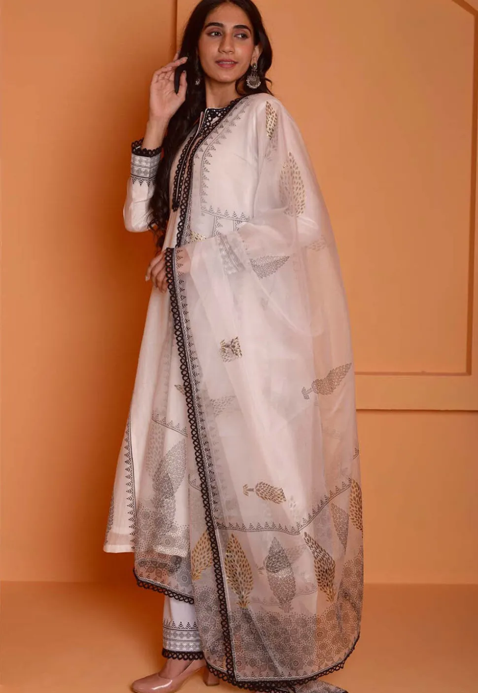 Foil Printed Chanderi Silk Aline Suit in Off White