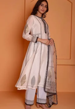 Foil Printed Chanderi Silk Aline Suit in Off White