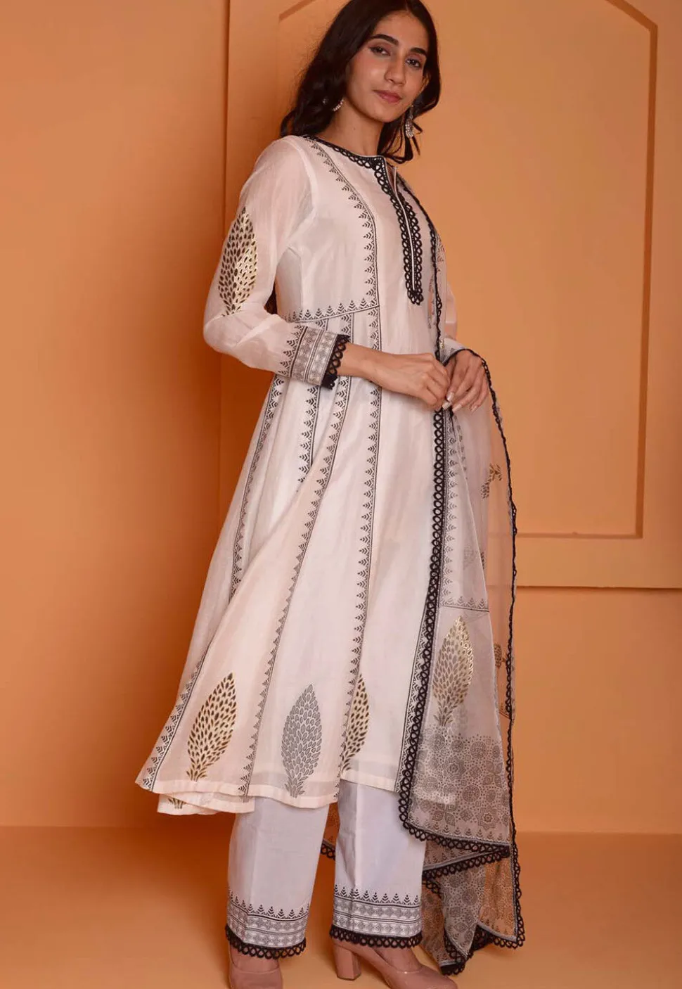 Foil Printed Chanderi Silk Aline Suit in Off White
