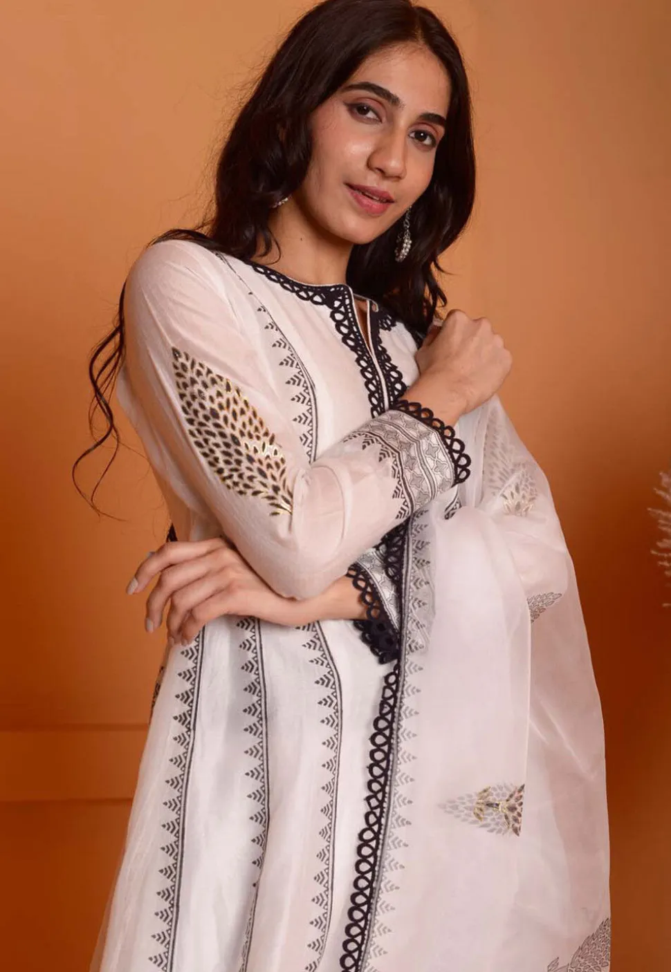 Foil Printed Chanderi Silk Aline Suit in Off White