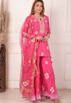 Foil Printed Chanderi Silk Pakistani Suit in Pink