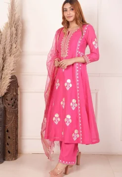 Foil Printed Chanderi Silk Aline Suit in Pink