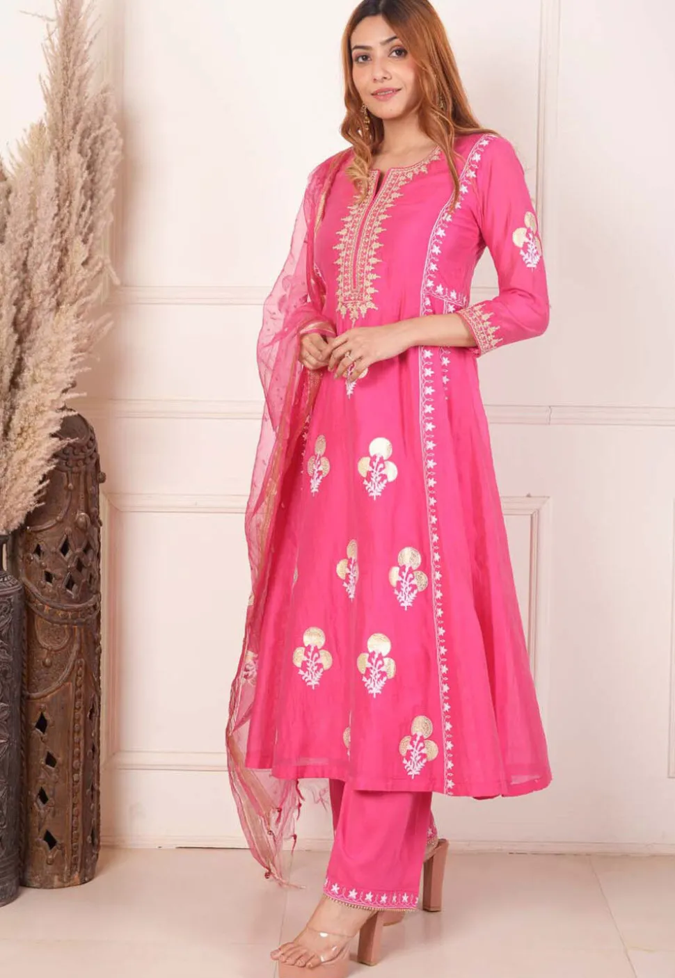 Foil Printed Chanderi Silk Aline Suit in Pink