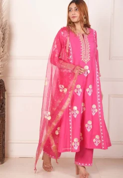 Foil Printed Chanderi Silk Aline Suit in Pink
