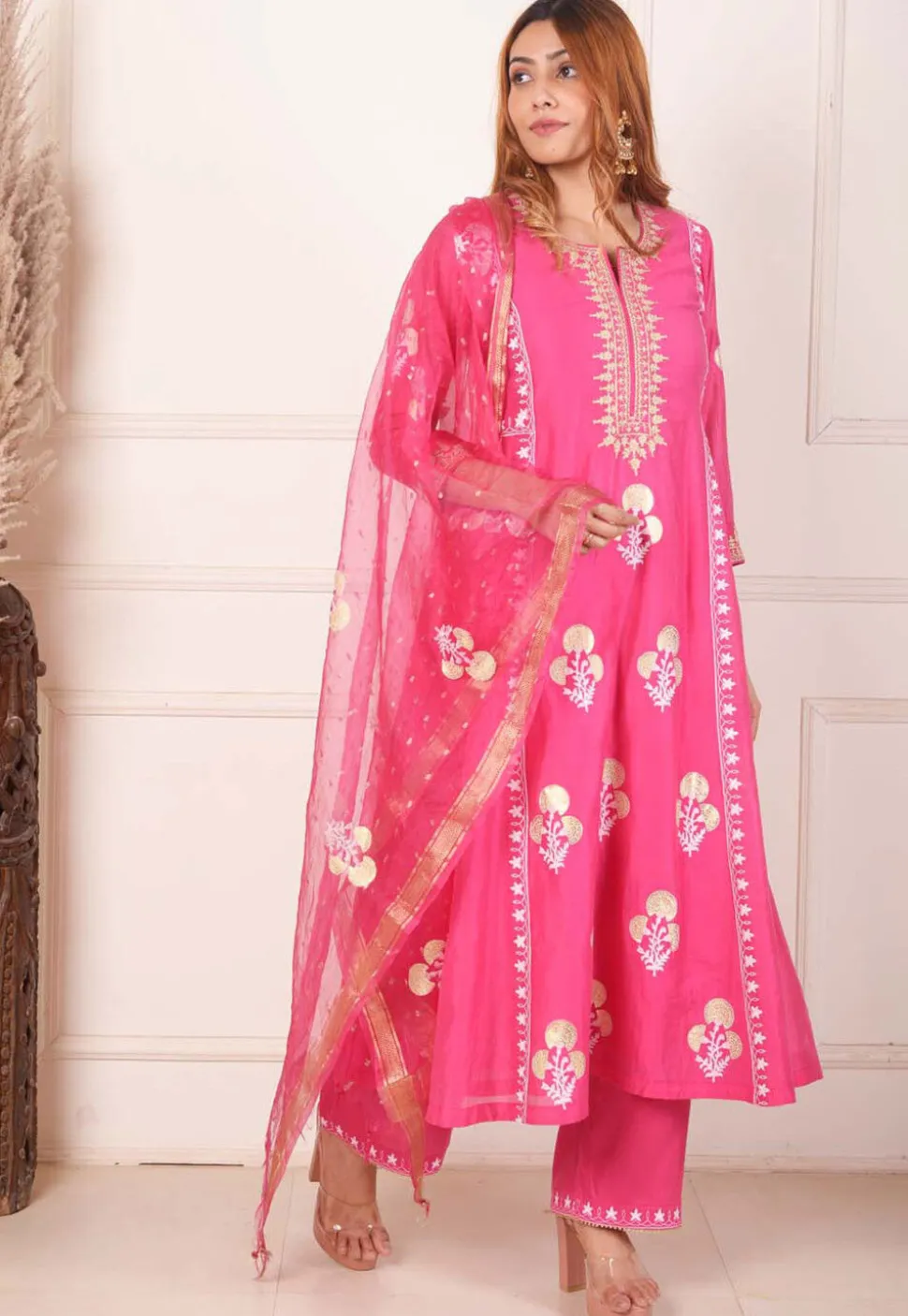 Foil Printed Chanderi Silk Aline Suit in Pink