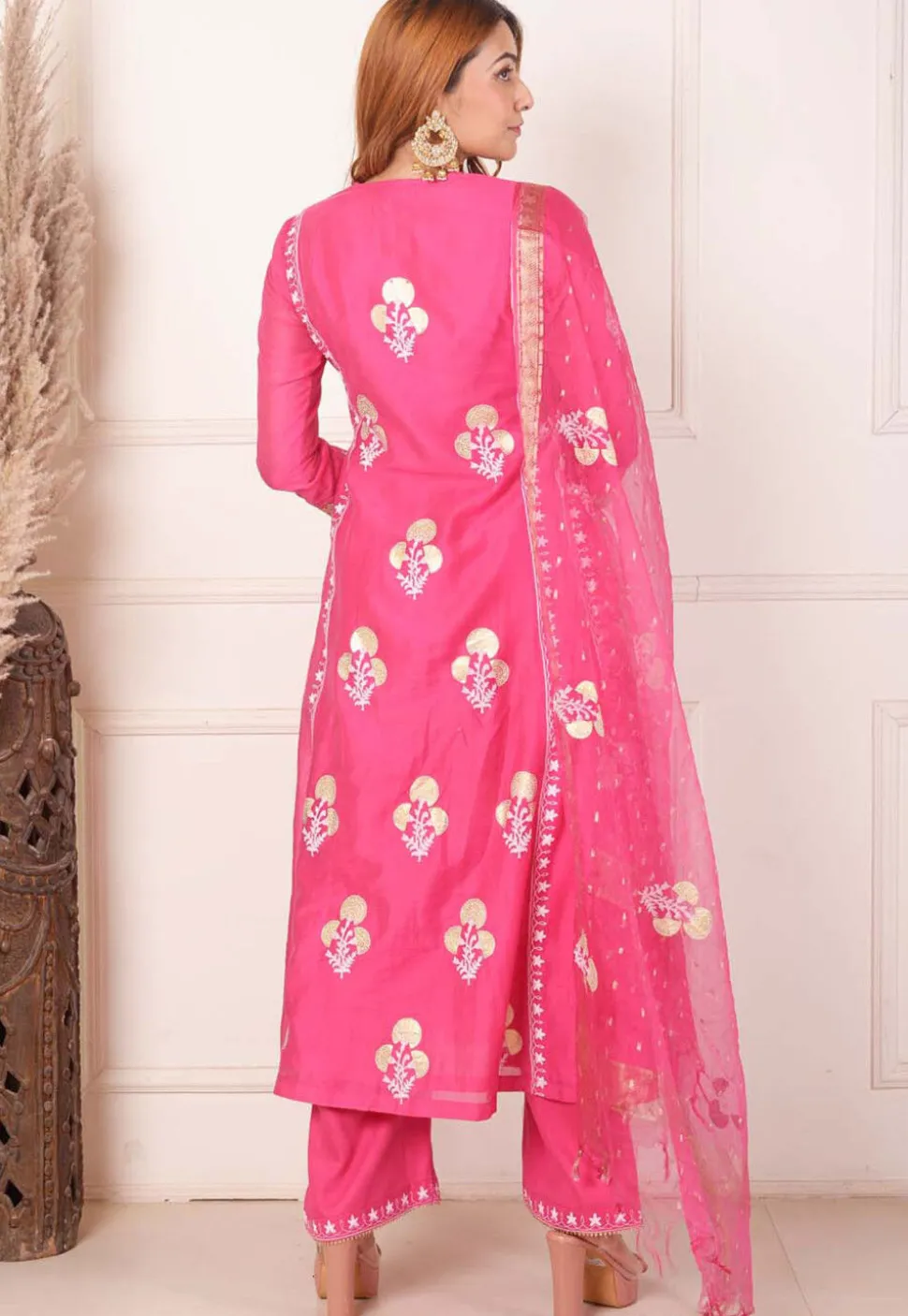 Foil Printed Chanderi Silk Aline Suit in Pink