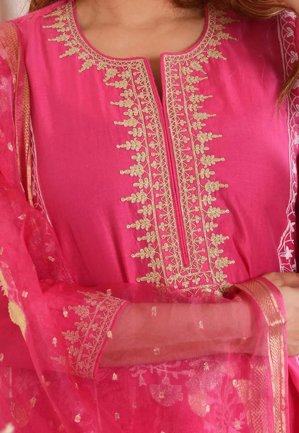 Foil Printed Chanderi Silk Aline Suit in Pink
