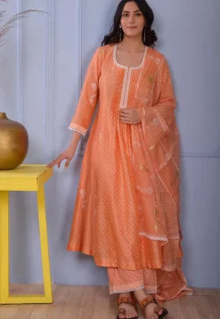 Foil Printed Chanderi Silk Pakistani Suit in Orange