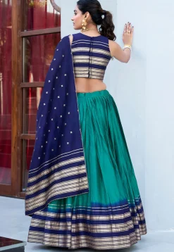 Foil Printed Chanderi Silk Lehenga in Teal Green