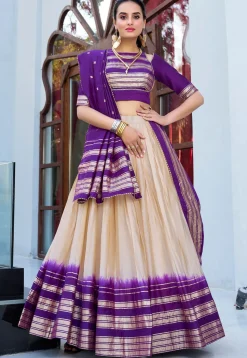 Foil Printed Chanderi Silk Lehenga in Cream