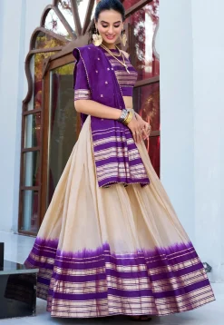 Foil Printed Chanderi Silk Lehenga in Cream