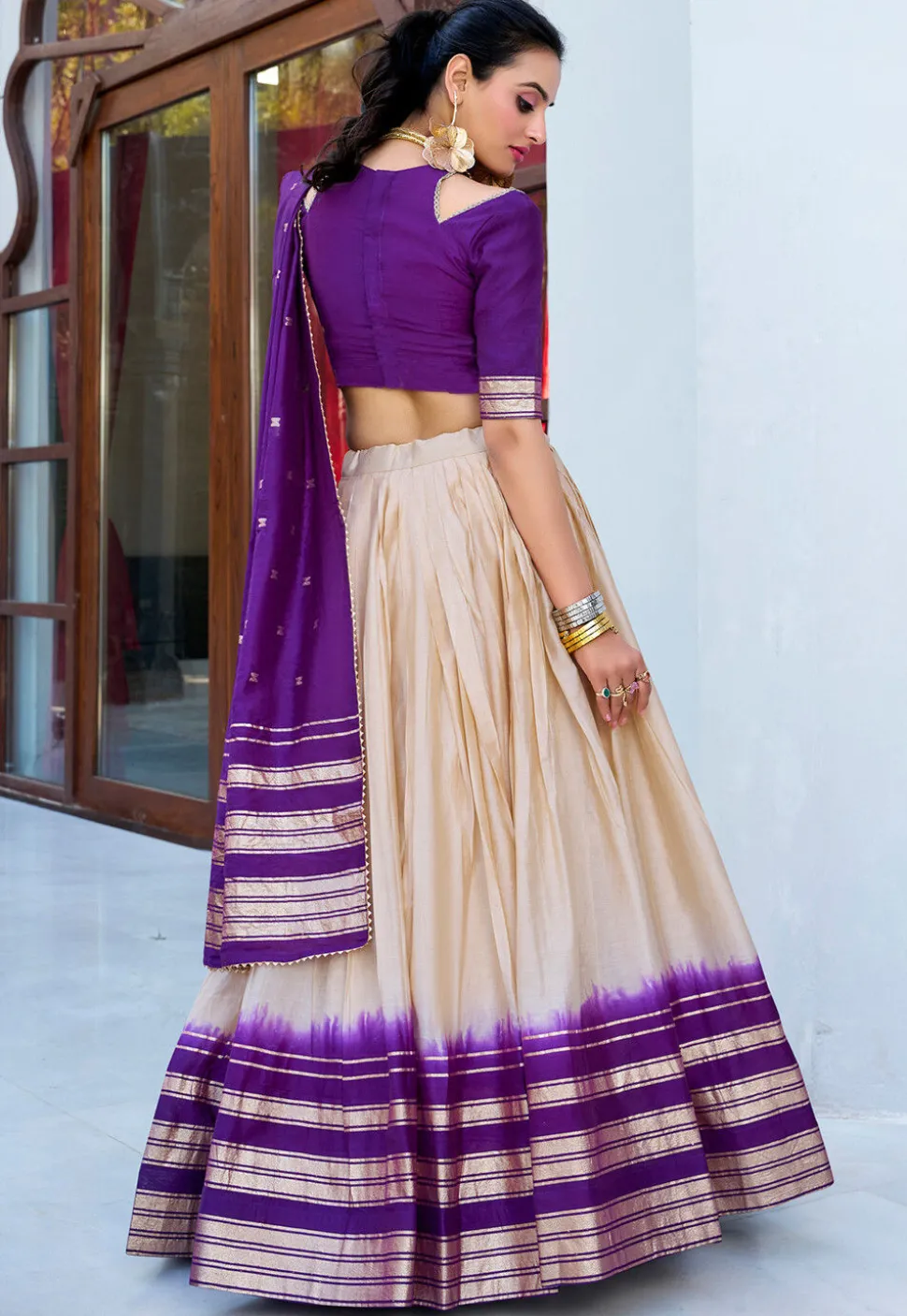 Foil Printed Chanderi Silk Lehenga in Cream