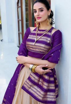 Foil Printed Chanderi Silk Lehenga in Cream