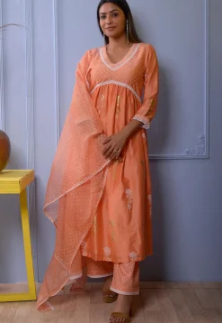 Foil Printed Chanderi Silk Pakistani Suit in Orange