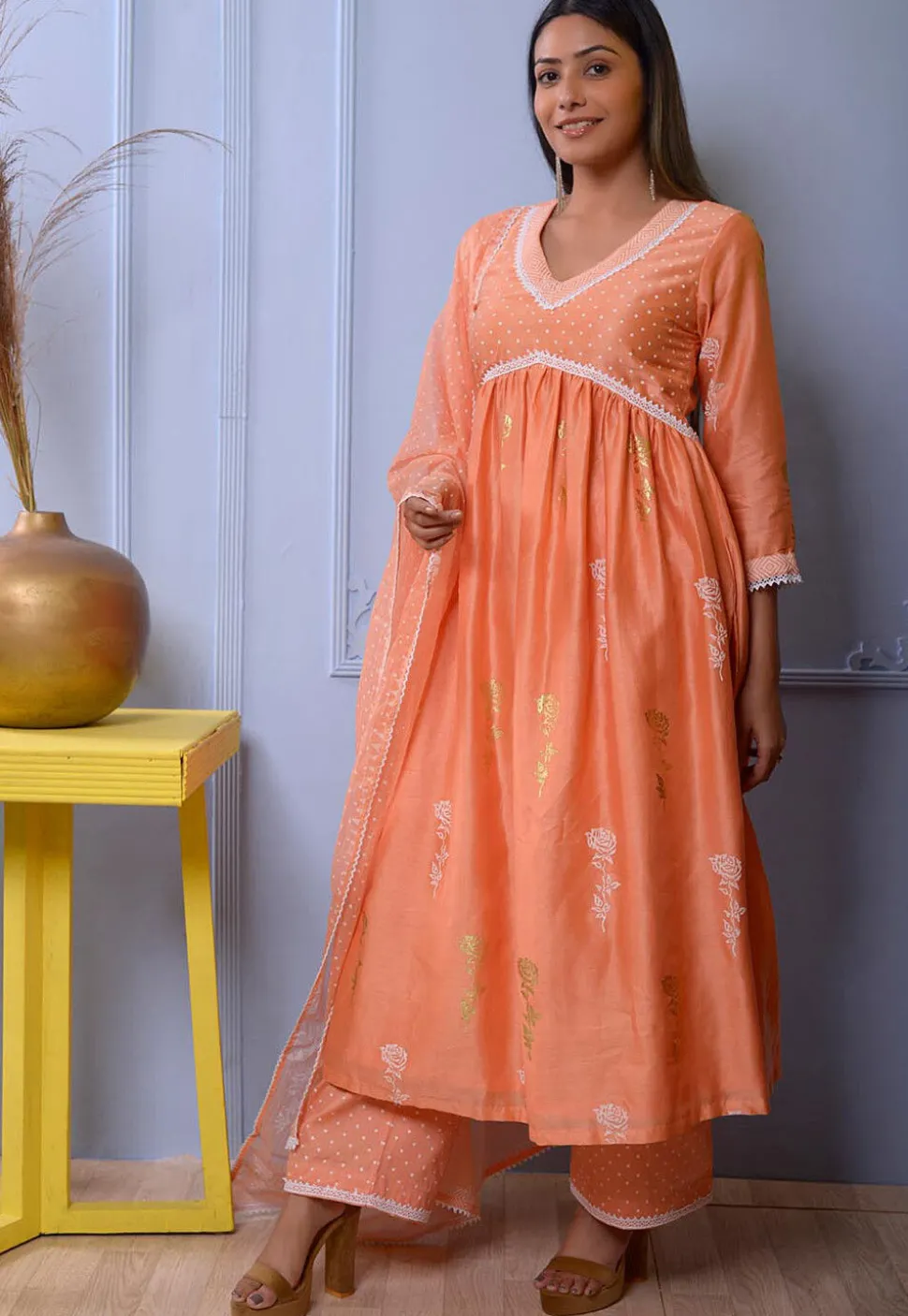 Foil Printed Chanderi Silk Pakistani Suit in Orange
