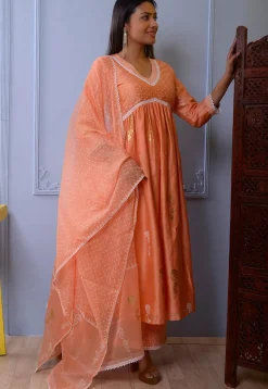 Foil Printed Chanderi Silk Pakistani Suit in Orange