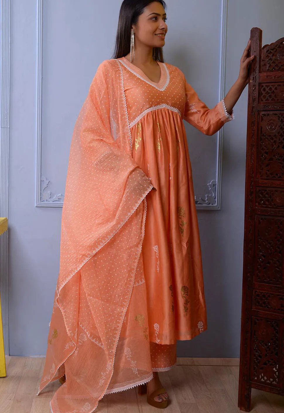 Foil Printed Chanderi Silk Pakistani Suit in Orange