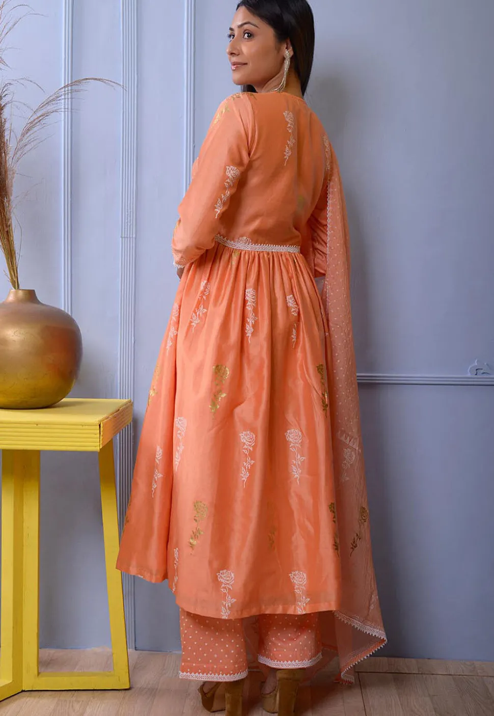 Foil Printed Chanderi Silk Pakistani Suit in Orange
