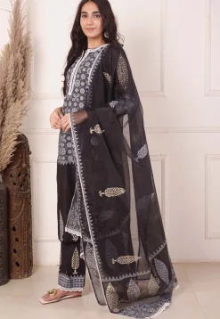 Foil Printed Chanderi Silk Pakistani Suit in Black