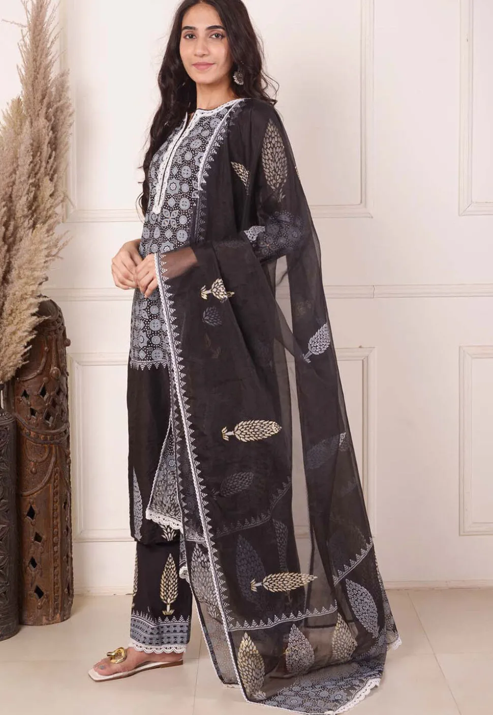 Foil Printed Chanderi Silk Pakistani Suit in Black