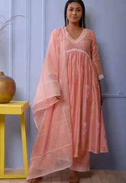 Foil Printed Chanderi Silk Pakistani Suit in Peach